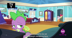 Size: 1534x811 | Tagged: safe, screencap, apple bloom, scootaloo, spike, sweetie belle, equestria games (episode), g4, cutie mark crusaders, hub logo, meme, youtube caption