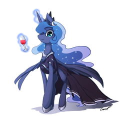 Size: 1299x1340 | Tagged: safe, artist:grasspainter, princess luna, g4, clothes, dress, female, looking at you, magic, solo, wine, wine glass