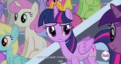 Size: 1536x812 | Tagged: safe, screencap, amethyst star, berry punch, berryshine, cherry berry, merry may, rainbowshine, sparkler, twilight sparkle, twinkleshine, alicorn, pony, equestria games (episode), g4, equestria games, female, hub logo, mare, meme, twilight sparkle (alicorn), youtube caption