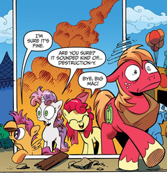 Size: 574x598 | Tagged: safe, idw, official comic, apple bloom, big macintosh, scootaloo, sweetie belle, earth pony, pony, g4, spoiler:comic, spoiler:comic09, balloon, cutie mark crusaders, male, panel, stallion