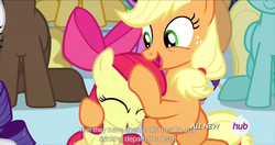 Size: 1535x811 | Tagged: safe, screencap, apple bloom, applejack, rarity, earth pony, pony, equestria games (episode), g4, drinking, equestria games, eyes closed, hub logo, hug, meme, open mouth, petting, quitting, smiling, youtube caption