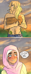 Size: 581x1364 | Tagged: safe, artist:chaotikproductions, big macintosh, fluttershy, human, g4, adonis belt, blushing, clothes, comic, eyes on the prize, female, hijab, humanized, islam, islamashy, male, ship:fluttermac, shipping, straight, surprised, sweat, topless, working