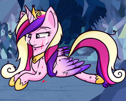 Size: 1280x1024 | Tagged: safe, artist:potatogirlivy, princess cadance, a canterlot wedding, g4, blood, crying, female, injured, solo