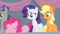 Size: 1440x810 | Tagged: safe, screencap, applejack, pinkie pie, rarity, pony, equestria games, g4, sitting, the equestria games