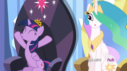 Size: 1440x810 | Tagged: safe, screencap, princess celestia, twilight sparkle, alicorn, pony, equestria games (episode), g4, belly, equestria games, female, height difference, hub logo, mare, new crown, physique difference, sitting, slender, thin, throne, twilight sparkle (alicorn)