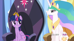 Size: 1440x810 | Tagged: safe, screencap, princess celestia, twilight sparkle, alicorn, pony, equestria games (episode), g4, equestria games, female, height difference, hub logo, mare, new crown, physique difference, sitting, slender, thin, throne, twilight sparkle (alicorn)