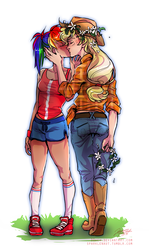 Size: 1078x1810 | Tagged: safe, artist:ddhew, applejack, rainbow dash, human, g4, clothes, female, floral head wreath, flower, humanized, jeans, kissing, lesbian, ship:appledash, shipping, wristband