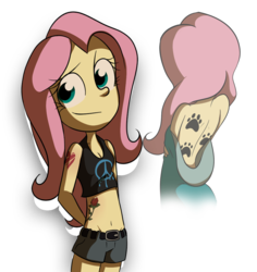 Size: 1092x1156 | Tagged: safe, artist:fj-c, fluttershy, human, equestria girls, g4, back, belly button, cleavage, clothes, female, flattershy, humanized, midriff, pony coloring, shorts, smiling, solo, tattoo, undressing