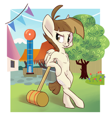 Size: 1000x1100 | Tagged: safe, artist:postscripting, featherweight, pony, g4, bell, belly button, bipedal, fair, male, mallet, solo, tree
