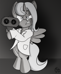 Size: 1062x1280 | Tagged: safe, artist:frisky, princess luna, pony, g4, clothes, cute, female, filly, grayscale, lab coat, monochrome, rocket launcher, science woona, solo, woona