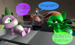 Size: 1024x614 | Tagged: safe, artist:dragonboi471, spike, oc, oc:neon streak, g4, inspiration manifestation, 3d, bibliovore, gmod, medic, medic (tf2), team fortress 2