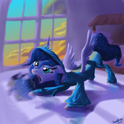 Size: 2000x2000 | Tagged: safe, artist:deathpwny, princess luna, g4, clothes, derp, female, floppy ears, high res, hoodie, pajamas, sleepy, solo, spread wings, stretching, yawn