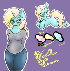 Size: 604x611 | Tagged: safe, artist:bunnycat, oc, oc only, unicorn, anthro, adoptable, clothes, eyes closed, glasses, hair tie, looking at you, smiling