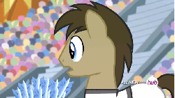 Size: 576x324 | Tagged: safe, screencap, doctor whooves, stormbreaker, time turner, earth pony, pony, equestria games (episode), g4, animated, equestria games, fail, hub logo, hubble, ice arrows, male, stallion, the hub