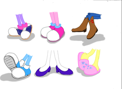 Size: 2338x1700 | Tagged: safe, artist:toonboy1029, applejack, fluttershy, pinkie pie, rainbow dash, rarity, twilight sparkle, equestria girls, g4, boots, clothes, cowboy boots, feet, high heels, legs, mane six, pictures of legs, saddle shoes, shoes, slippers, sneakers