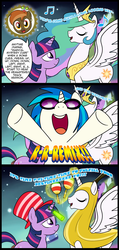 Size: 712x1500 | Tagged: safe, artist:madmax, button mash, dj pon-3, princess celestia, twilight sparkle, vinyl scratch, g4, magical mystery cure, ascension realm, banana suit, bananalestia, breaking the fourth wall, comic, easter, easter egg, glowstick, hat, konami code, maracas, music notes, musical instrument, princess celestia's special princess making dimension, singing, video game, wat