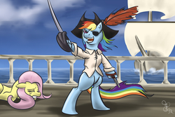 Size: 1800x1200 | Tagged: safe, artist:steveskunk, fluttershy, rainbow dash, pony, g4, bipedal, crying, duo, eyepatch, hat, pirate, pirate dash, ship, sword, weapon