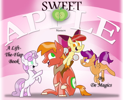 Size: 1330x1075 | Tagged: safe, artist:trace-101, apple bloom, big macintosh, scootaloo, sweetie belle, earth pony, pegasus, pony, unicorn, fanfic:sweet apple massacre, g4, adorabloom, apple bloom's bow, big macintosh's yoke, blank flank, bow, children's book, collar, crossing the line twice, cute, cutealoo, cutie mark crusaders, dark comedy, de magicks, diasweetes, dude not funny, eyebrows, fanfic, fanfic art, female, filly, flying, foal, grimcute, hair bow, happy, harsher in hindsight, horse collar, implied grimdark, macabetes, male, oh no, open mouth, open smile, parody, pop-up book, raised eyebrow, raised eyebrows, rearing, scootaloo can fly, siblings, sitting, smiling, something is not right, stallion, text, this is gonna suck, this will end in blood, this will end in death, this will end in gore, this will end in pain, this will end in rape, this will end in tears, this will end in tears and/or death, this will not end well, unshorn fetlocks, we are going to hell