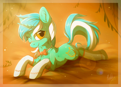 Size: 834x602 | Tagged: safe, artist:hioshiru, lyra heartstrings, pony, unicorn, g4, blushing, bowtie, chest fluff, clothes, cute, ear fluff, female, looking at you, lyrabetes, mare, neck fluff, one eye closed, prone, signature, socks, solo, wink