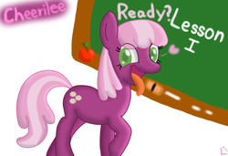 Size: 744x510 | Tagged: safe, artist:x157258, cheerilee, earth pony, pony, g4, apple, chalk, chalkboard, female, food, heart, looking at you, mare, open mouth, raised hoof, simple background, smiling, solo, text, tongue out, white background