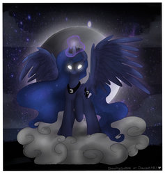 Size: 1024x1078 | Tagged: safe, artist:drawing-heart, princess luna, g4, cloud, cloudy, female, glowing eyes, magic, moon, solo