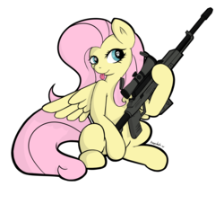 Size: 2750x2500 | Tagged: dead source, safe, artist:keeponhatin, fluttershy, pegasus, pony, g4, female, gun, high res, hooves, mare, optical sight, rifle, signature, simple background, sitting, sniper rifle, snipershy, solo, spread wings, tongue out, transparent background, weapon, wings