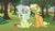 Size: 1366x800 | Tagged: safe, artist:dreamsplatter, apple bloom, applejack, sweetie belle, pony, robot, unicorn, friendship is witchcraft, g4, apple, apple tree, female, filly, foal, food, hooves, horn, neigh soul sister, sitting, smiling, sweetie bot, teeth, tree