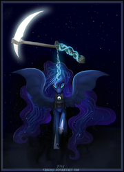 Size: 900x1248 | Tagged: safe, artist:grinu, princess luna, fall of the crystal empire, g4, female, magic, night, nightmare luna, scythe, solo, stars, warrior luna