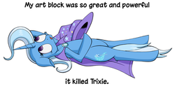 Size: 700x343 | Tagged: safe, artist:deusexequus, trixie, pony, unicorn, g4, art block, cheek fluff, dead, empty eyes, eyes rolling back, female, mare, no pupils, on back, simple background, solo, tongue out, white background