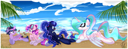 Size: 8100x3100 | Tagged: safe, artist:xwhitedreamsx, princess cadance, princess celestia, princess luna, twilight sparkle, alicorn, pony, g4, alicorn tetrarchy, alternate hairstyle, beach, butt, female, lovebutt, magic, mare, moonbutt, plot, sisters-in-law, sunbutt, sunglasses, twilight sparkle (alicorn), underhoof