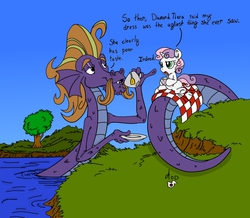 Size: 1200x1046 | Tagged: safe, artist:arthur9078, steven magnet, sweetie belle, pony, sea serpent, unicorn, g4, duo, female, filly, frown, gossip, grumpy, open mouth, picnic, picnic blanket, plate, pond, river, sitting, smiling, tail, tea, teabag, teacup, underhoof, water