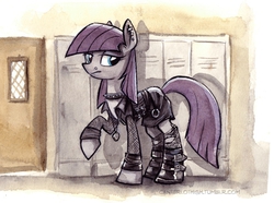 Size: 616x458 | Tagged: safe, artist:kenket, artist:spainfischer, maud pie, earth pony, pony, g4, boots, canterlot high, canterlot high blog, choker, door, ear piercing, earring, female, fishnet stockings, goth, helix piercing, lidded eyes, looking at you, looking back, necklace, nose piercing, piercing, raised hoof, solo, spiked choker