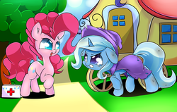 Size: 1024x652 | Tagged: safe, artist:madacon, pinkie pie, trixie, earth pony, pony, unicorn, g4, cape, clothes, duo, female, first aid kit, hat, injured, mare, this will end in pain, trixie's cape, trixie's hat, trixie's wagon