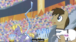 Size: 1280x719 | Tagged: safe, screencap, doctor whooves, stormbreaker, time turner, earth pony, pegasus, pony, equestria games (episode), g4, background pony, crystal empire, duo, equestria games, hub logo, ice arrows, male, meme, stallion, youtube caption