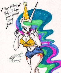 Size: 1063x1259 | Tagged: safe, artist:newyorkx3, princess celestia, anthro, g4, belly button, breasts, cleavage, female, happy birthday, hat, midriff, party hat, solo, traditional art
