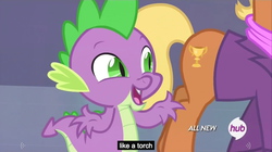 Size: 1280x719 | Tagged: safe, screencap, ms. harshwhinny, spike, equestria games (episode), g4, all new, clothes, equestria games, hub logo, meme, scarf, youtube caption