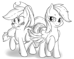 Size: 1250x1000 | Tagged: safe, artist:fearingfun, applejack, rainbow dash, g4, bedroom eyes, blushing, butt touch, feathermarking, female, gritted teeth, lesbian, monochrome, never doubt tchernobog's involvement, raised hoof, raised leg, ship:appledash, shipping, smiling, surprised, wide eyes