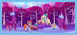 Size: 3633x1651 | Tagged: safe, artist:sakuyamon, oc, oc only, oc:cobalt tangle, oc:pebbles, oc:wishful heart, bird, cockatrice, deer, earth pony, pegasus, pony, scenery, winter