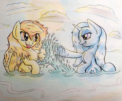 Size: 983x813 | Tagged: safe, artist:zookz25, spitfire, trixie, g4, splashing, traditional art, water, wet mane