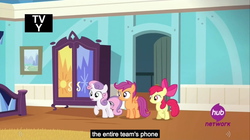 Size: 1280x719 | Tagged: safe, screencap, apple bloom, scootaloo, sweetie belle, equestria games (episode), g4, bed, cutie mark crusaders, door, doorway, hub logo, indoors, meme, picture, picture frame, youtube caption