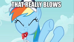 Size: 960x540 | Tagged: safe, screencap, rainbow dash, pony, g4, hurricane fluttershy, bad pun, baseball cap, blowing, coach rainbow dash, female, hat, image macro, mare, meme, rainblow dash, rainbow dashs coaching whistle, roflbot, solo, spit, spitting, that really blows, whistle, whistle necklace