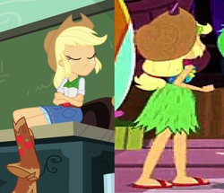 Size: 1258x1080 | Tagged: safe, screencap, applejack, equestria girls, g4, my little pony equestria girls: rainbow rocks, shake your tail, feet, female, hawaiian, hula, hulajack, sandals