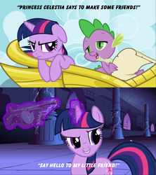Size: 480x540 | Tagged: safe, edit, edited screencap, screencap, spike, twilight sparkle, friendship is magic, g4, castle of the royal pony sisters, chariot, gun, say hello to my little friend, scroll, tommy gun
