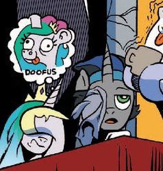 Size: 330x347 | Tagged: safe, artist:andy price, idw, official comic, king sombra, princess celestia, star swirl the bearded, g4, spoiler:comic, spoiler:comic19, andy you magnificent bastard, coffee, derp, derplestia, doofus, embarrassed, facehoof, female, good king sombra, male, meme, reflections star swirl, ship:celestibra, shipping, special eyes, spit take, straight, tongue out