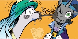 Size: 810x409 | Tagged: safe, artist:andypriceart, idw, king sombra, princess celestia, pony, g4, spoiler:comic, spoiler:comic19, andy you magnificent bastard, coffee, comic, female, good king sombra, majestic as fuck, male, mare, meme, one eye closed, onomatopoeia, puffy cheeks, ship:celestibra, shipping, special eyes, spit take, stallion, straight, wince