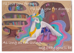Size: 1579x1141 | Tagged: safe, edit, princess celestia, twilight sparkle, g4, book, eyes closed, feels, hug, i'll love you forever, momlestia, pillow, prone, sleeping, smiling, text, wing blanket, winghug