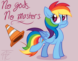 Size: 1284x1010 | Tagged: dead source, safe, artist:php92, rainbow dash, pegasus, pony, g4, anarchist, evil, female, first world anarchist, fuck the police, pure unfiltered evil, solo, traffic cone
