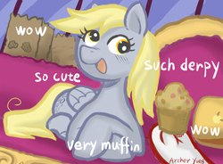 Size: 1282x944 | Tagged: safe, artist:archeryves, derpy hooves, pegasus, pony, shiba inu, g4, blushing, cute, derpabetes, doge, female, happy, hoof hold, mare, meme, muffin, open mouth, parody, pixiv, ponified animal photo, ponified meme, prone, smiling, solo, underhoof