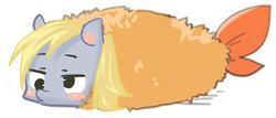 Size: 506x216 | Tagged: safe, artist:archeryves, derpy hooves, pegasus, pony, shrimp, g4, blush sticker, blushing, cute, derpabetes, female, fried shrimp, lidded eyes, mare, objectification, pixiv, pouting, simple background, solo, tempura, wat, what has science done, white background