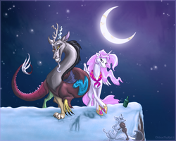Size: 927x740 | Tagged: safe, artist:jaylacinechiboa, discord, princess celestia, g4, dancing, female, interspecies, male, moon, night, pink-mane celestia, roof, ship:dislestia, shipping, snow, snowfall, straight, young, younger
